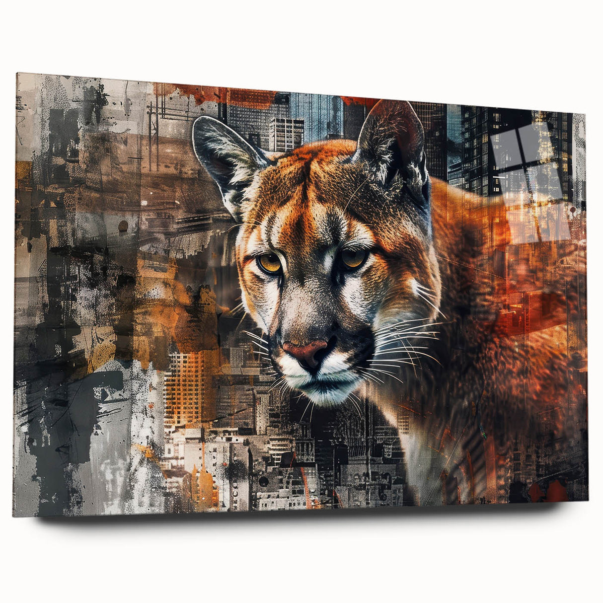 Side view of a stunning acrylic glass wall art piece showcasing a majestic cougar in its natural habitat, highlighting vibrant colors and intricate details for a captivating decor element.