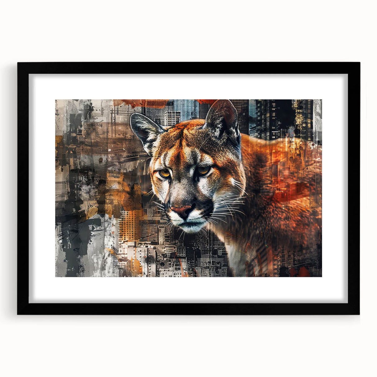 Cougar wall art design framed in black, featuring a wildlife theme with a mat, showcasing a majestic cougar against a natural backdrop, perfect for animal lovers.