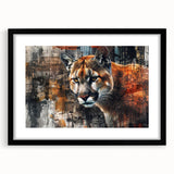 Cougar wall art design framed in black, featuring a wildlife theme with a mat, showcasing a majestic cougar against a natural backdrop, perfect for animal lovers.