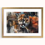 Framed wall art featuring a striking cougar design in a gold frame, showcasing intricate details and vibrant colors, perfect for animal lovers and home decor enthusiasts.
