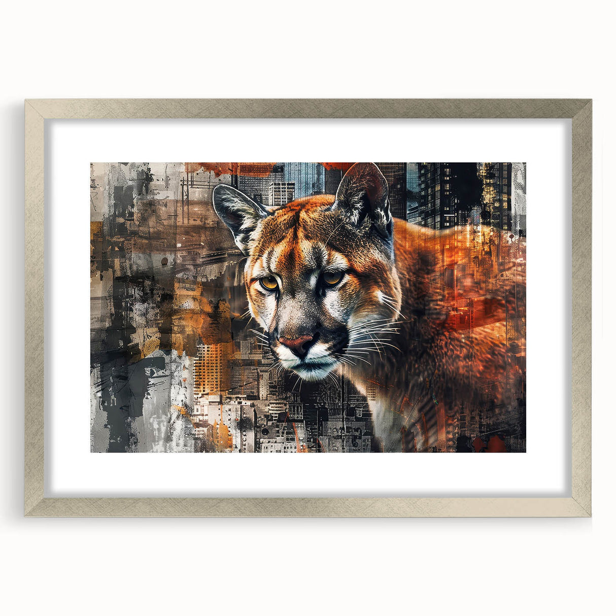 Framed wall art featuring a striking cougar design in a silver frame, showcasing the animal's majestic features against a minimalist background, ideal for wildlife enthusiasts.