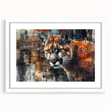 Framed wall art featuring a striking cougar design in vibrant colors, showcasing a majestic wildlife scene against a white backdrop, ideal for nature enthusiasts' decor.