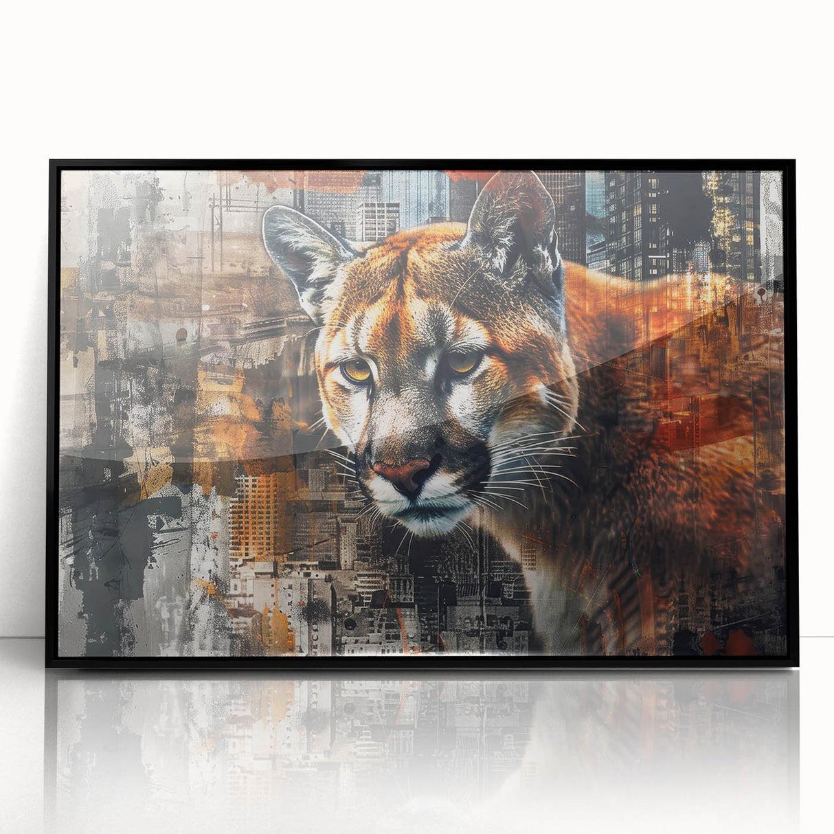 Framed wall art featuring a striking design of a wild cougar, displayed in a sleek black frame, perfect for animal lovers and home decor enthusiasts. The acrylic finish highlights the vibrant colors and intricate details of the artwork.