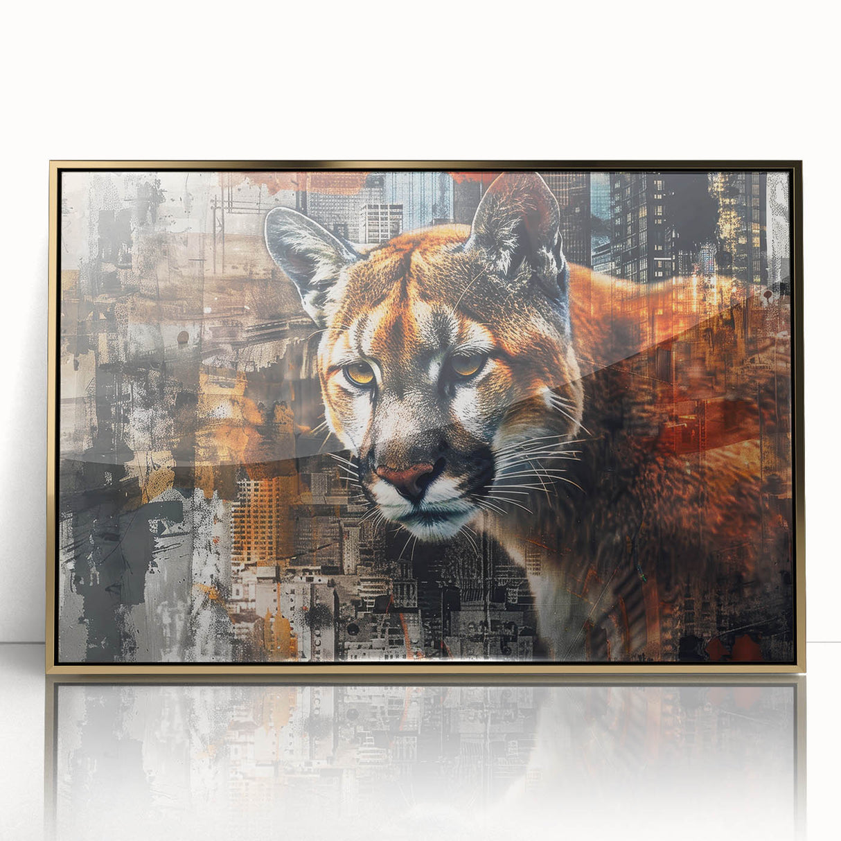 Framed wall art featuring a striking cougar design in acrylic with a gold border, showcasing the majestic feline's features against a neutral backdrop, perfect for wildlife enthusiasts.