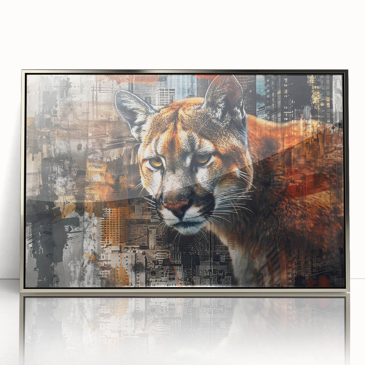 Framed wall art featuring a stunning silver-accented cougar design, showcasing vibrant colors and intricate details, perfect for wildlife enthusiasts and home decor.