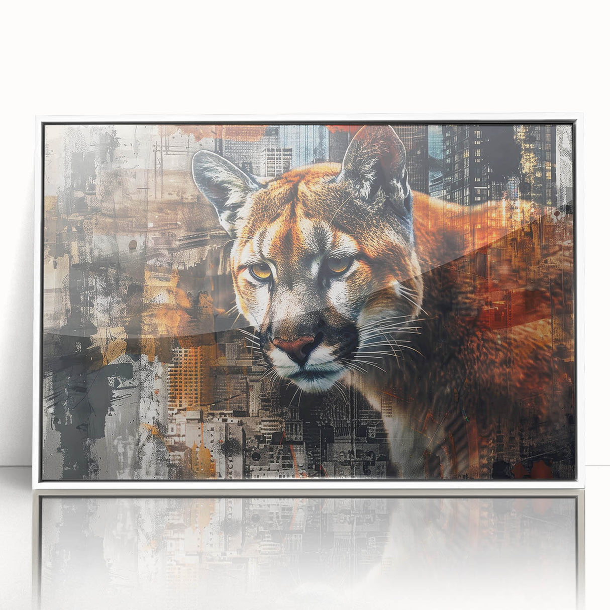 Framed wall art featuring a striking cougar design in a white frame, showcasing vivid colors and intricate details, perfect for wildlife enthusiasts and home decor.