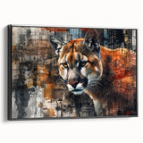 Framed wall art featuring a side view of a majestic cougar design in a wild landscape, showcasing rich colors and intricate details, perfect for wildlife enthusiasts.