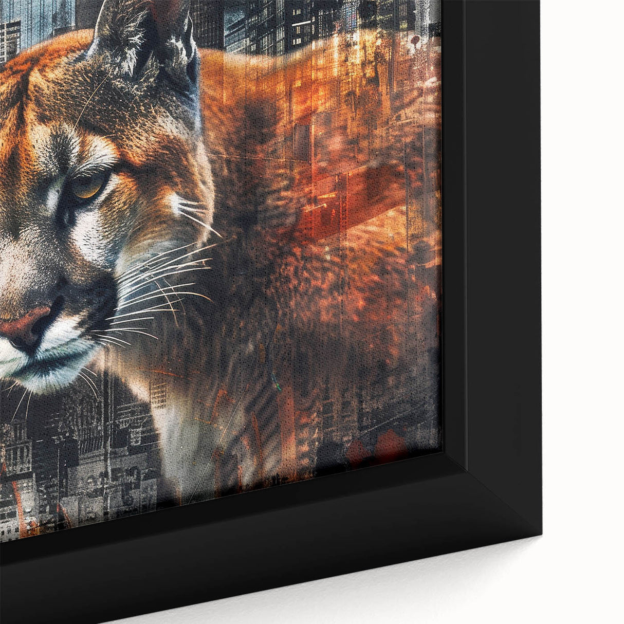 Close-up of a framed canvas wall art featuring a majestic cougar in a detailed and vibrant wildlife design, surrounded by natural elements, perfect for animal lovers.
