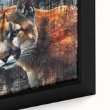 Close-up of a framed canvas wall art featuring a majestic cougar in a detailed and vibrant wildlife design, surrounded by natural elements, perfect for animal lovers.