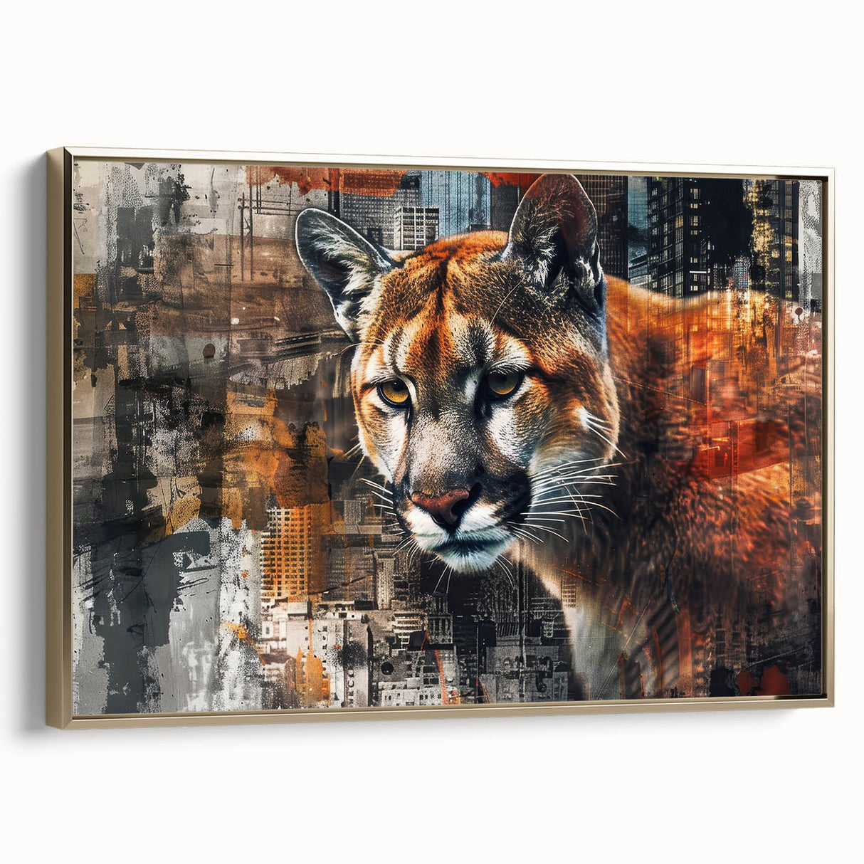 Framed canvas wall art featuring a majestic cougar design in vibrant colors, showcasing a side view with gold accents, perfect for wildlife enthusiasts' decor.