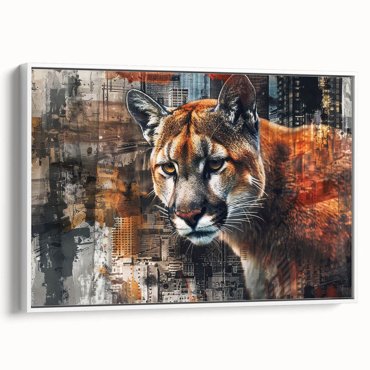 Framed wall art featuring a side view of a majestic cougar, showcasing its detailed fur and piercing eyes against a minimalist white background, perfect for wildlife decor enthusiasts.