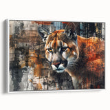 Framed wall art featuring a side view of a majestic cougar, showcasing its detailed fur and piercing eyes against a minimalist white background, perfect for wildlife decor enthusiasts.