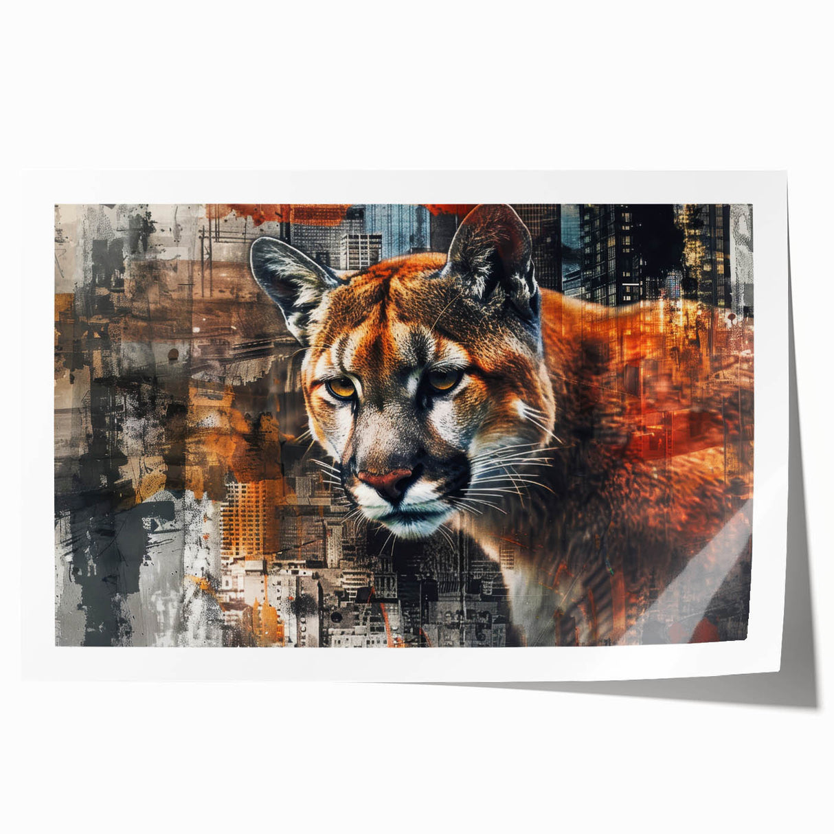Vibrant wall art print showcasing a majestic cougar in a natural landscape, designed for wildlife enthusiasts and home decor, rolled and ready for framing.