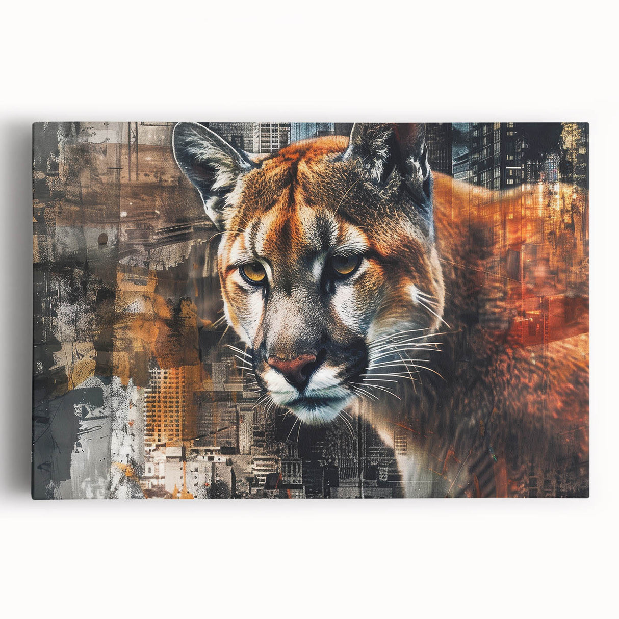 Stretched canvas wall art featuring a stunning front view of a cougar in a natural setting, showcasing vibrant colors and intricate details perfect for wildlife enthusiasts.