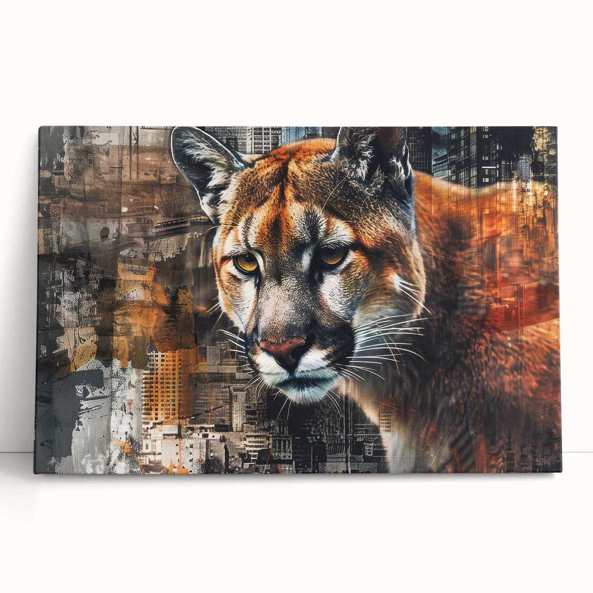 Stretched canvas wall art featuring a striking design of a majestic cougar in a natural setting, showcasing vibrant colors and intricate details, perfect for animal lovers and home decor.