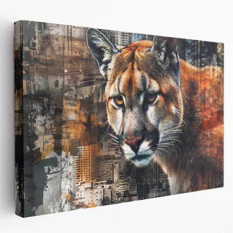 Side view of a striking wall art piece featuring a cougar design on stretched canvas, showcasing vibrant colors and detailed textures, perfect for wildlife enthusiasts.
