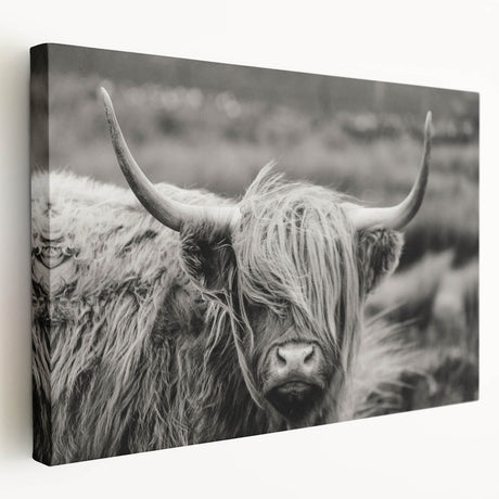 Stretched canvas artwork showcasing a vibrant cow design against a colorful background, ideal for animal-themed home decor and wall art collections.