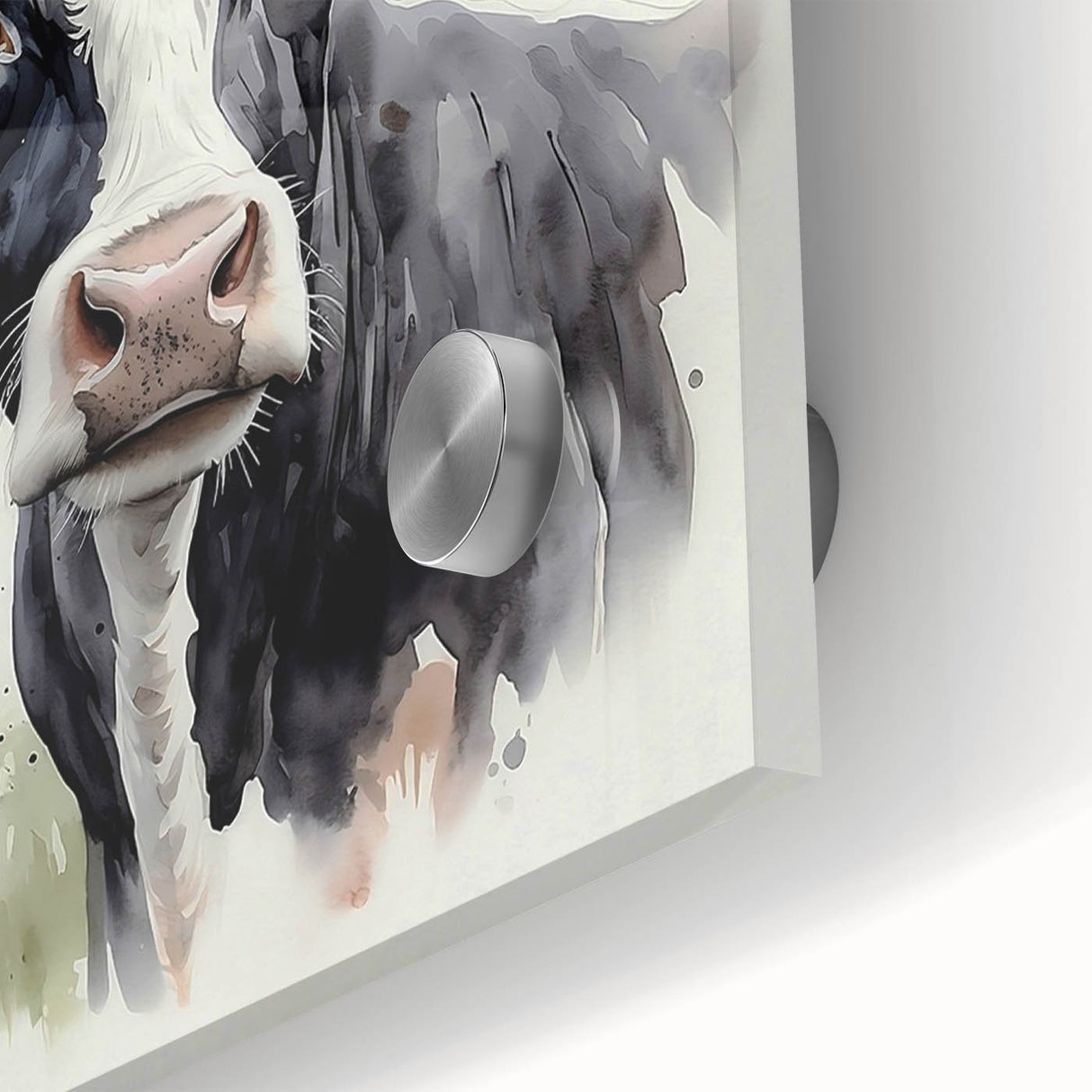 Close-up view of a vibrant acrylic wall art piece showcasing a detailed cow design, featuring bold colors and intricate patterns, perfect for animal lovers and home decor enthusiasts.