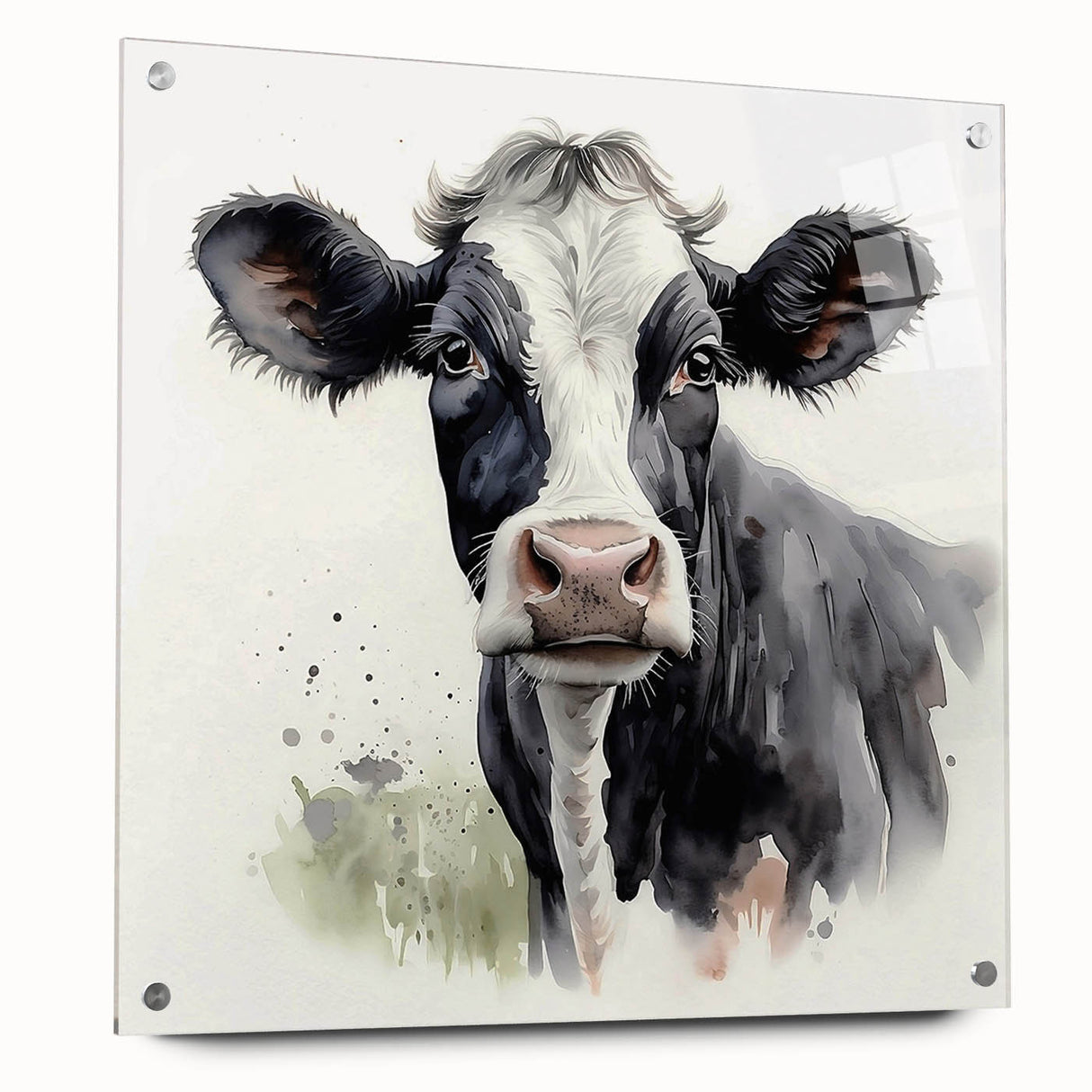 Acrylic wall art depicting a stylized cow design from a wildlife collection, showcasing vibrant colors and intricate details, displayed in a modern setting with pins for hanging.