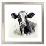 Silver-framed wall art showcasing a whimsical cow design, featuring intricate details and a matte finish, ideal for enhancing any rustic or farmhouse decor.