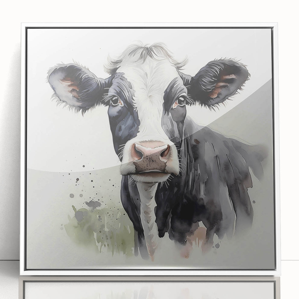 Framed acrylic wall art showcasing a stylized cow design in a modern white frame, perfect for adding a touch of nature-inspired decor to any space.