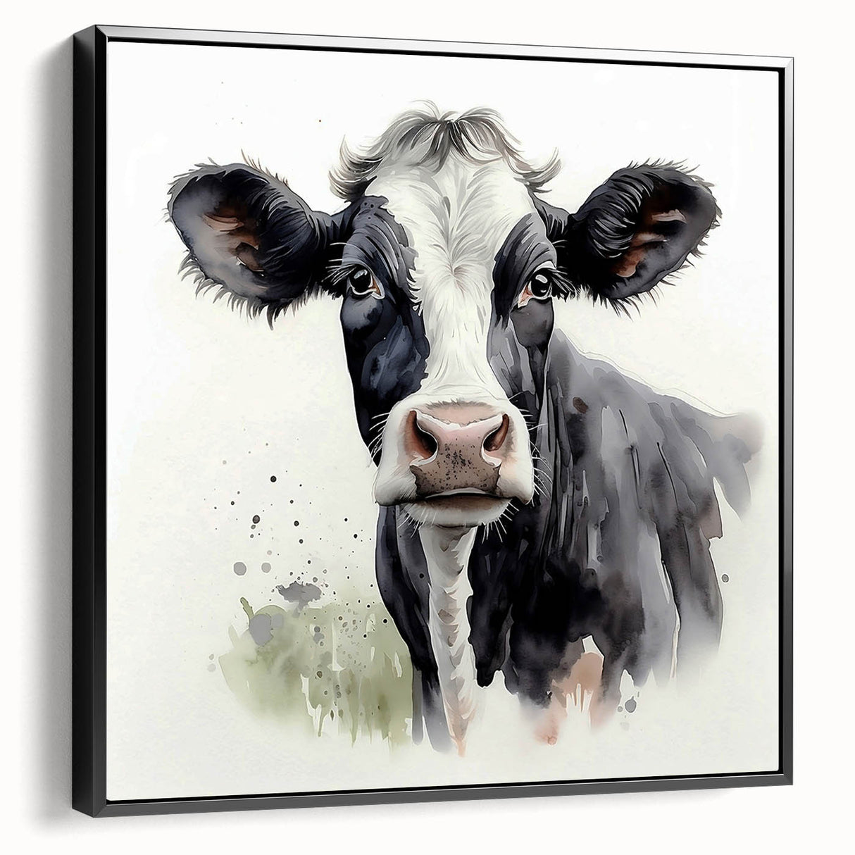 Framed canvas wall art featuring a sleek black cow design from the "Animals A Wild Life" collection, showcasing a side view, perfect for modern decor.