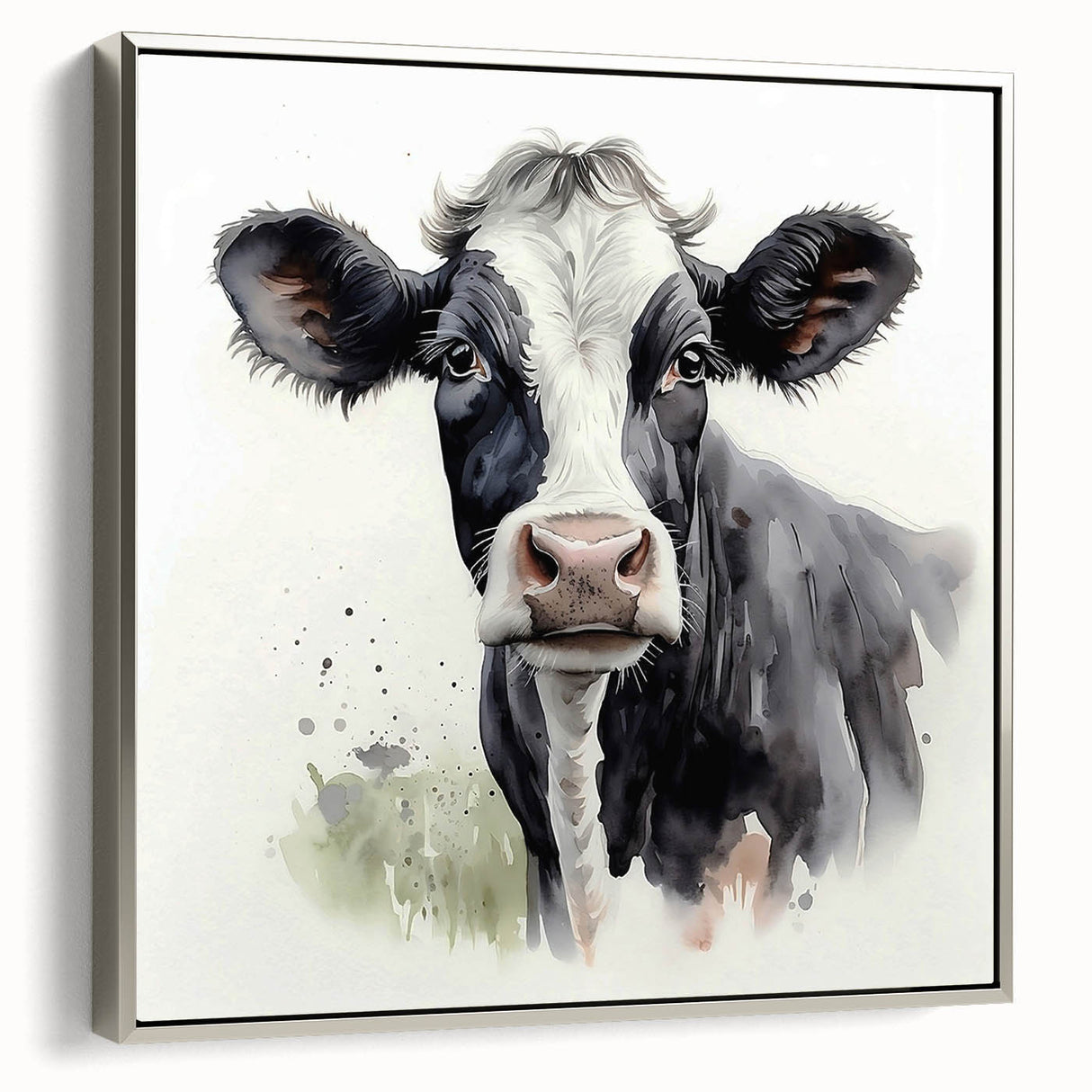 Framed canvas wall art showcasing a stylish cow design in silver tones, ideal for animal lovers and modern decor, displayed from a side view.