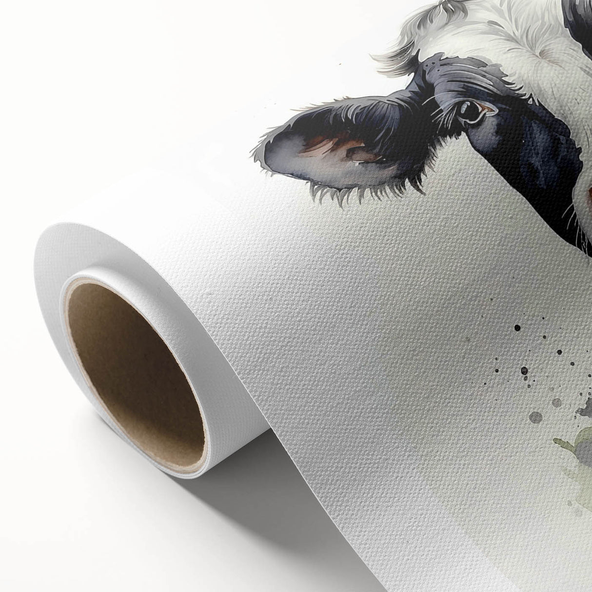 Rolled canvas artwork depicting a vibrant cow design, showcasing colorful patterns and textures, perfect for animal-themed decor or wall art collections.