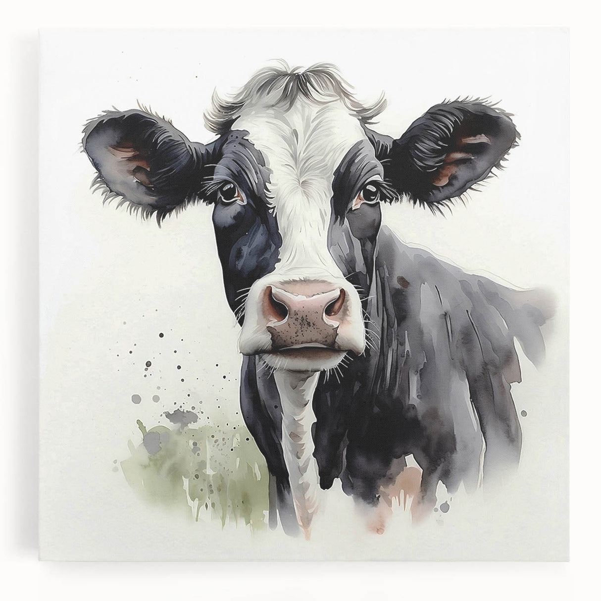 Colorful stretched canvas wall art featuring a detailed illustration of a cow, surrounded by vibrant floral elements, perfect for animal lovers and home decor enthusiasts.