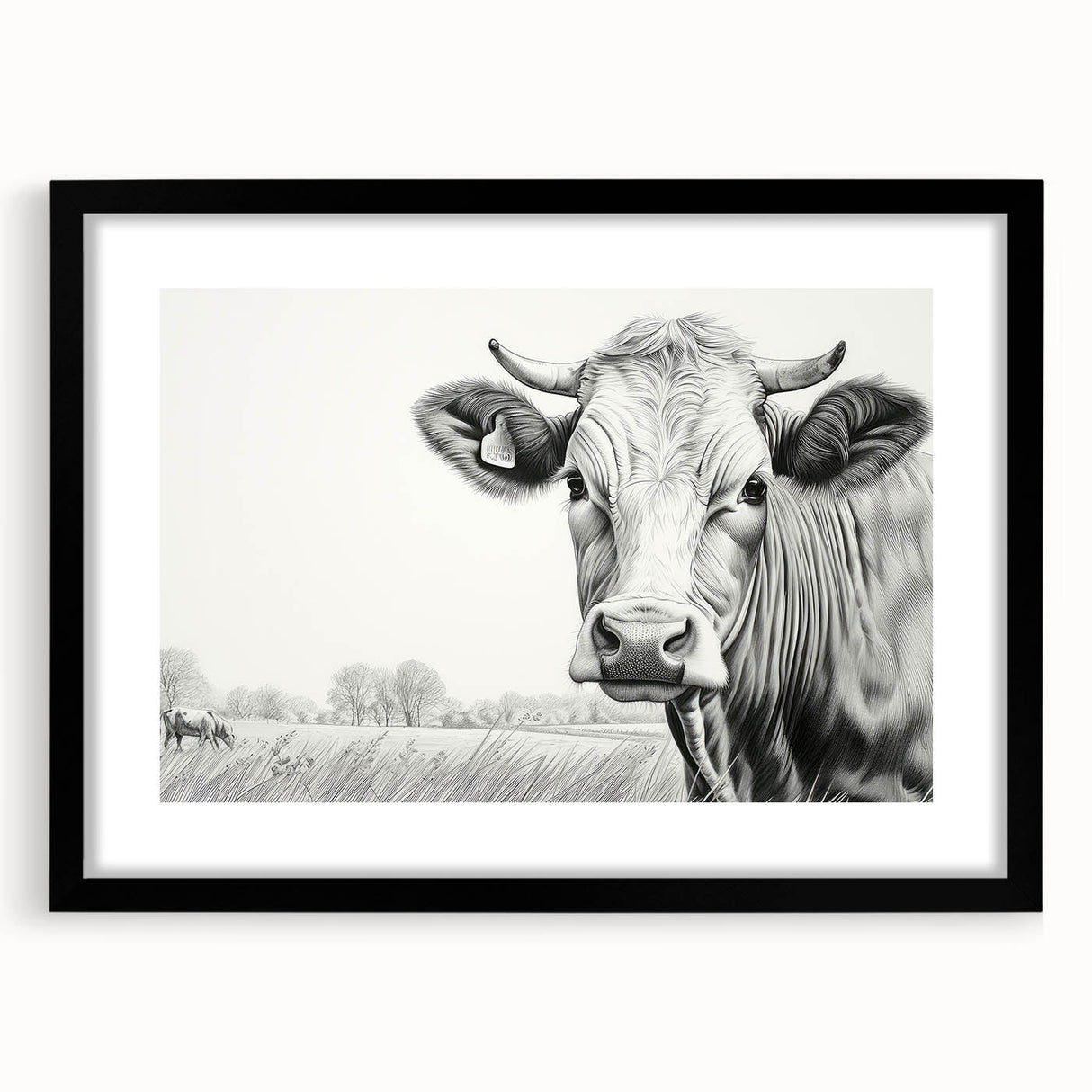 Black-framed wall art collection showcasing a cow design, featuring intricate details and a mat for added elegance. Ideal for animal lovers and rustic decor enthusiasts.
