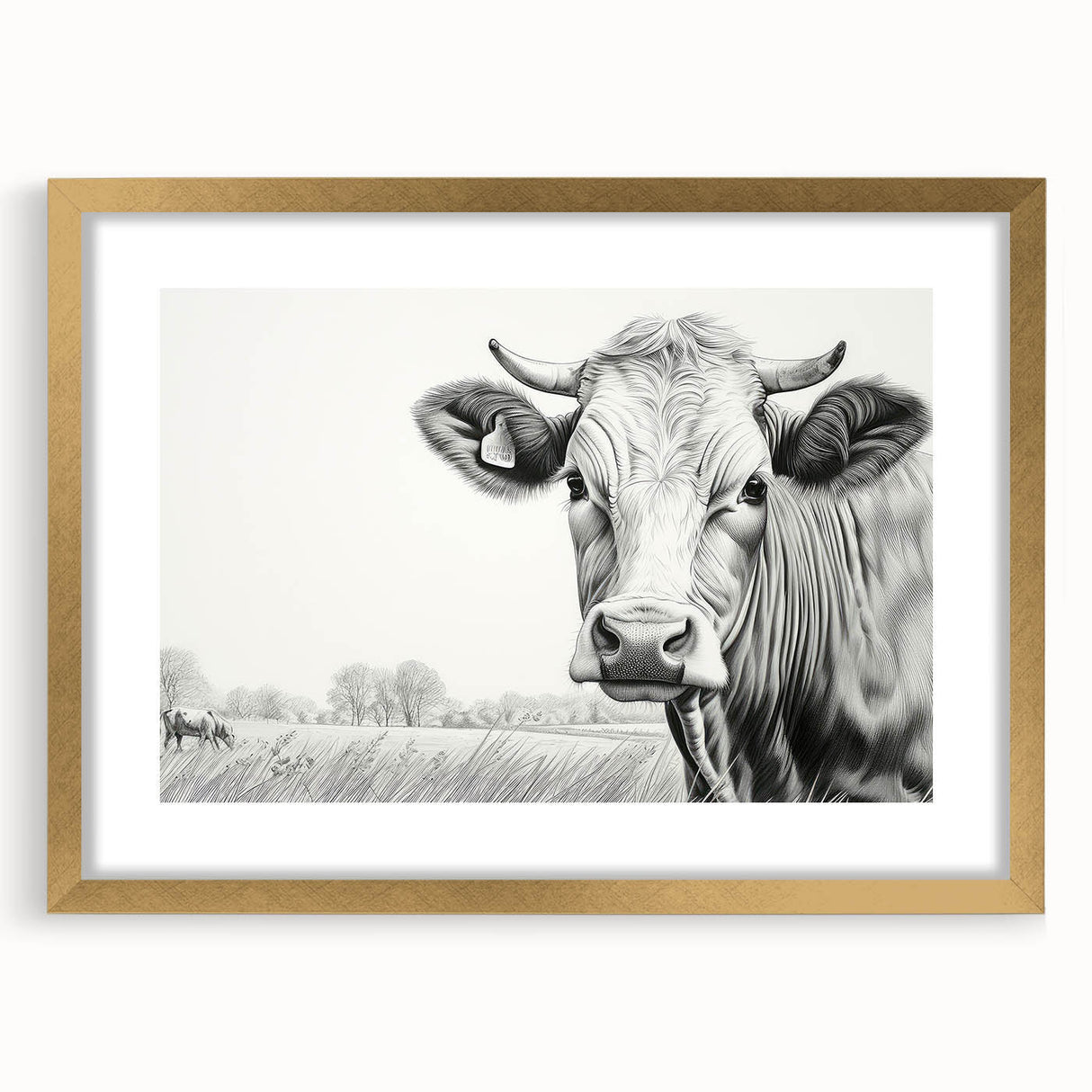 Gold-framed wall art featuring a cow design from the "Animals A Wild Life" collection, showcasing vibrant colors and intricate details, perfect for animal lovers.