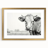 Gold-framed wall art featuring a cow design from the "Animals A Wild Life" collection, showcasing vibrant colors and intricate details, perfect for animal lovers.