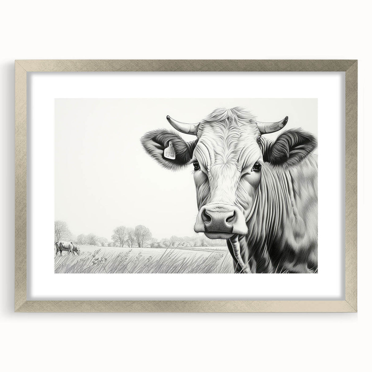 Framed wall art featuring a stylish cow design in a silver frame with a mat, perfect for adding a contemporary touch to any living space or gallery.