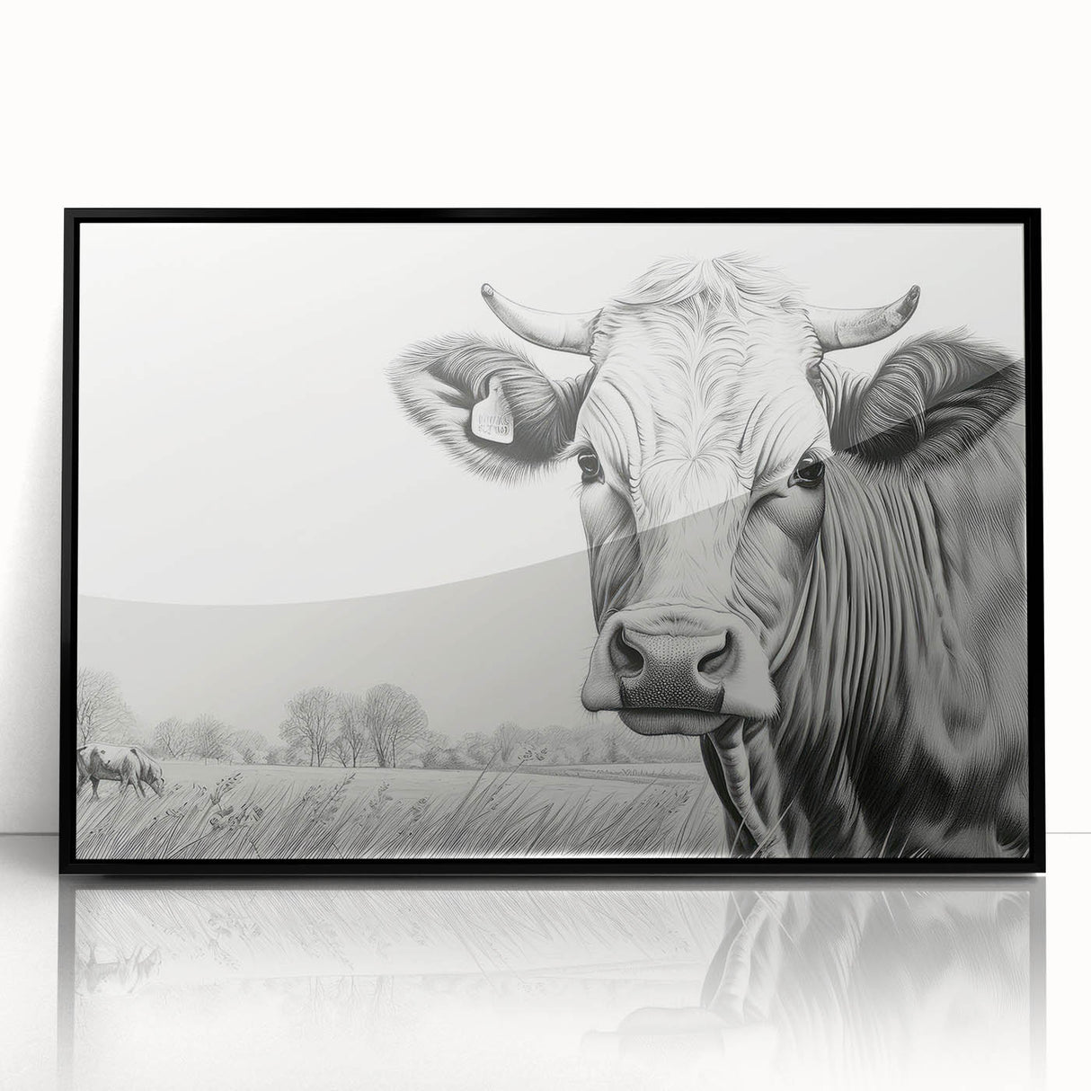 Framed wall art featuring a striking black acrylic design of a cow, showcasing intricate details and a modern aesthetic, ideal for animal lovers and home decor enthusiasts.