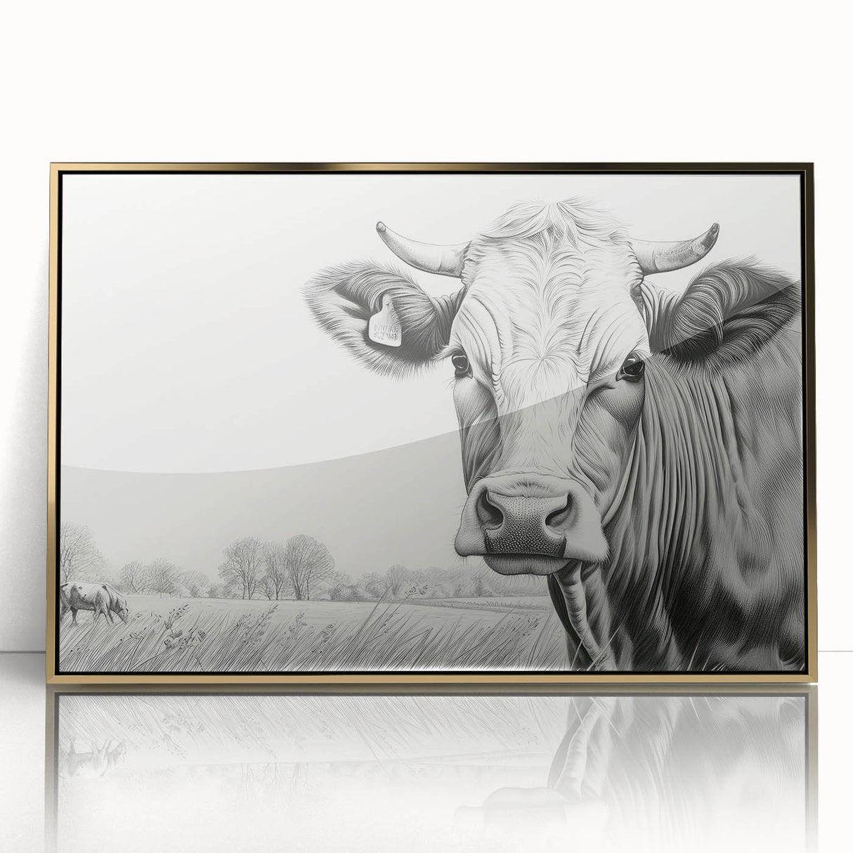 Framed acrylic wall art featuring a striking cow design in a gold frame, showcasing vibrant colors and intricate details, perfect for animal lovers and modern decor.