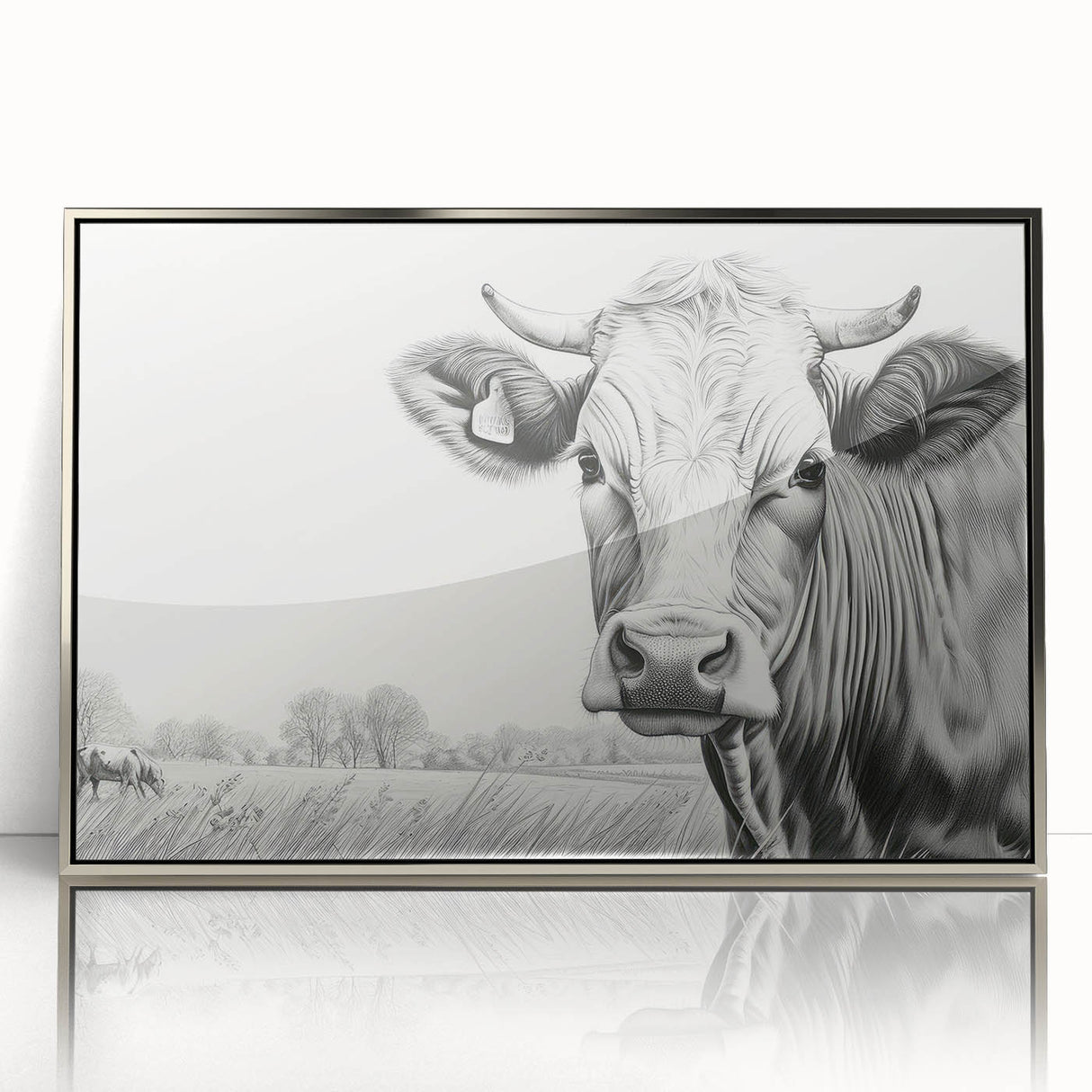 Framed acrylic wall art featuring a striking cow design in silver, perfect for adding a modern touch to home decor. Ideal for animal lovers and unique interior styling.