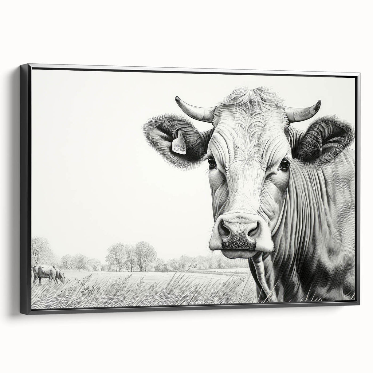 Framed wall art featuring a black and white cow design from the "Animals of the Wild" collection, showcasing intricate details and textures, perfect for home decor.
