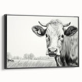 Framed wall art featuring a black and white cow design from the "Animals of the Wild" collection, showcasing intricate details and textures, perfect for home decor.