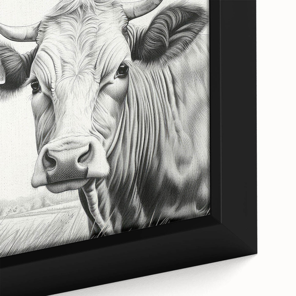 Close-up of a framed canvas wall art featuring a vibrant cow design from the Animals A Wild Life collection, showcasing intricate details and rich colors for animal lovers.
