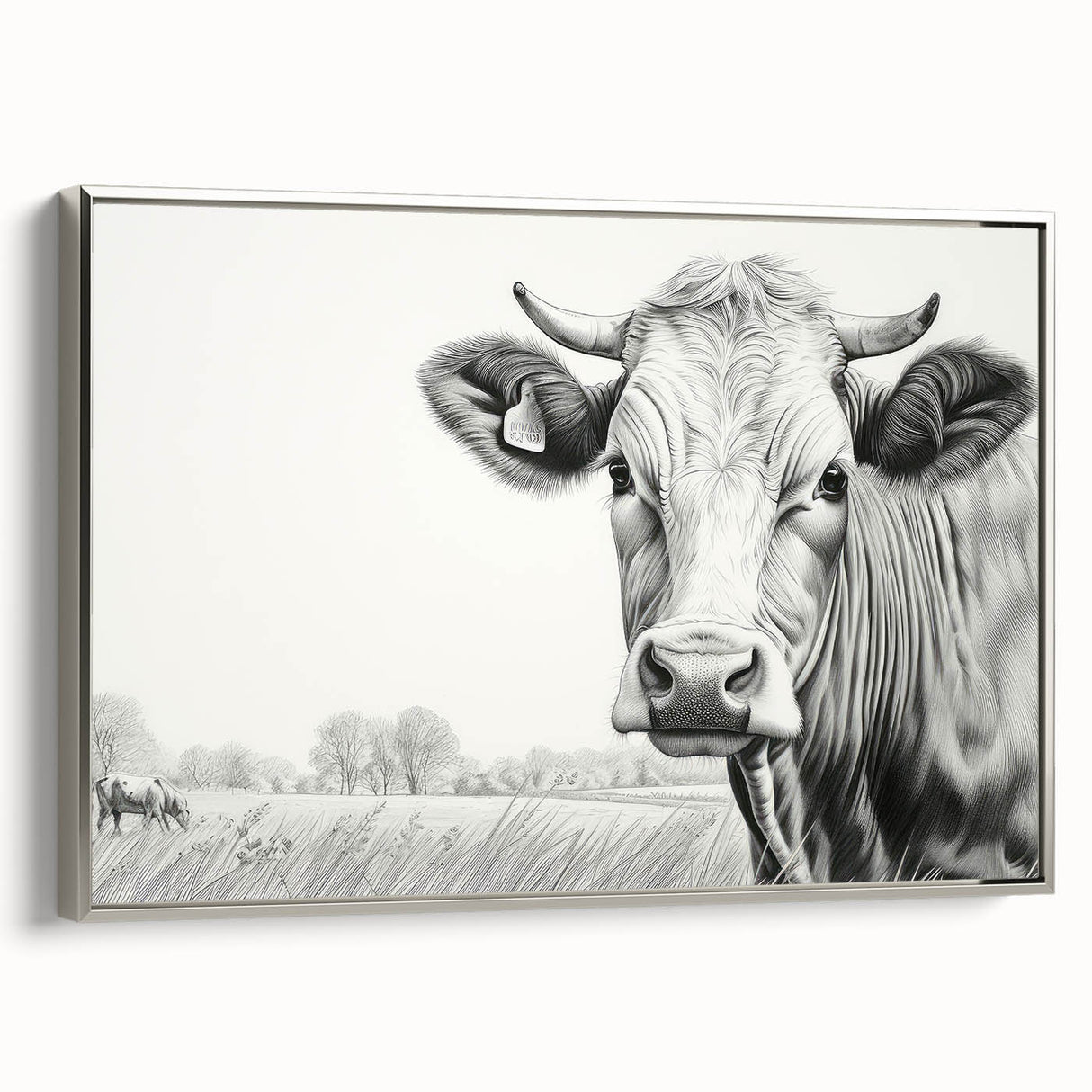 Framed canvas wall art featuring a detailed silver cow design from the 'Animals A Wild Life' collection, showcased in a sleek side view, perfect for modern home decor.