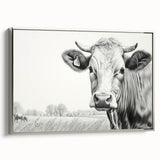 Framed canvas wall art featuring a detailed silver cow design from the 'Animals A Wild Life' collection, showcased in a sleek side view, perfect for modern home decor.