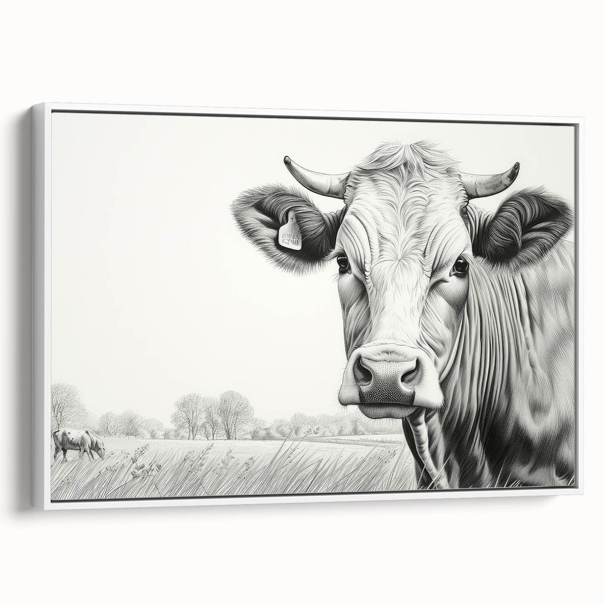 Framed canvas wall art showcasing a stylized cow design in a minimalist white frame, ideal for rustic or farmhouse-themed decor. This unique piece adds character and charm to any living space.