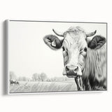 Framed canvas wall art showcasing a stylized cow design in a minimalist white frame, ideal for rustic or farmhouse-themed decor. This unique piece adds character and charm to any living space.