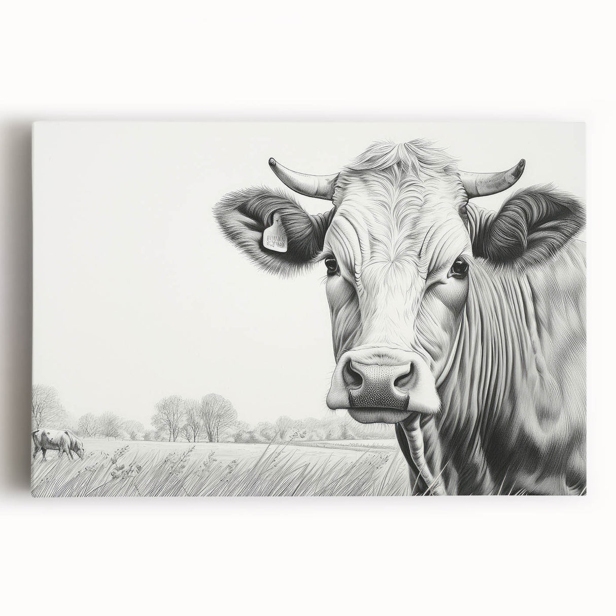 Colorful stretched canvas wall art featuring a close-up of a whimsical cow design, perfect for animal lovers and modern home decor. Ideal for enhancing living spaces.