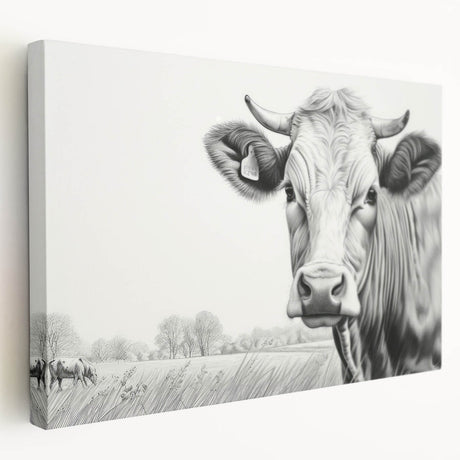 Stretched canvas wall art featuring a realistic cow design, showcasing intricate details and vibrant colors, ideal for animal lovers and rustic decor enthusiasts.