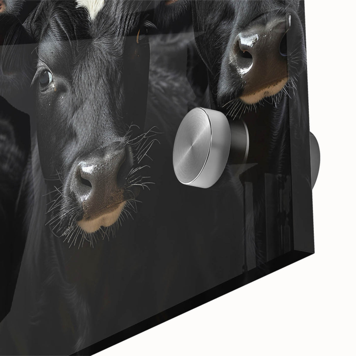 Close-up of a vibrant acrylic glass wall art piece featuring a detailed cow design, showcasing intricate textures and colors, perfect for animal lovers and home decor enthusiasts.