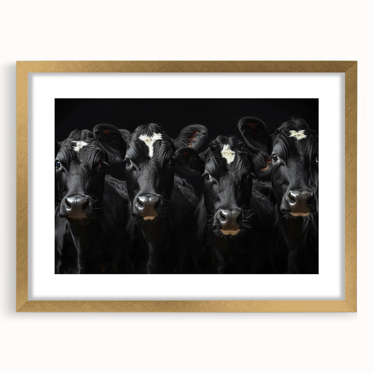 Gold-framed wall art collection showcasing a detailed cow design, elegantly matted and perfect for enhancing rustic home decor with a touch of wildlife charm.
