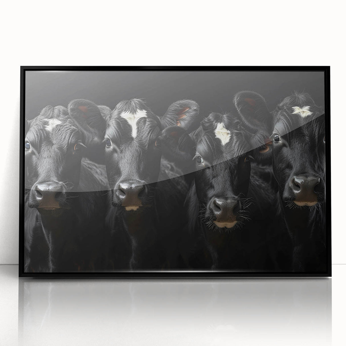 Framed acrylic wall art featuring a striking black cow design, showcasing intricate details against a minimalist background, perfect for adding a touch of wildlife elegance to any room.
