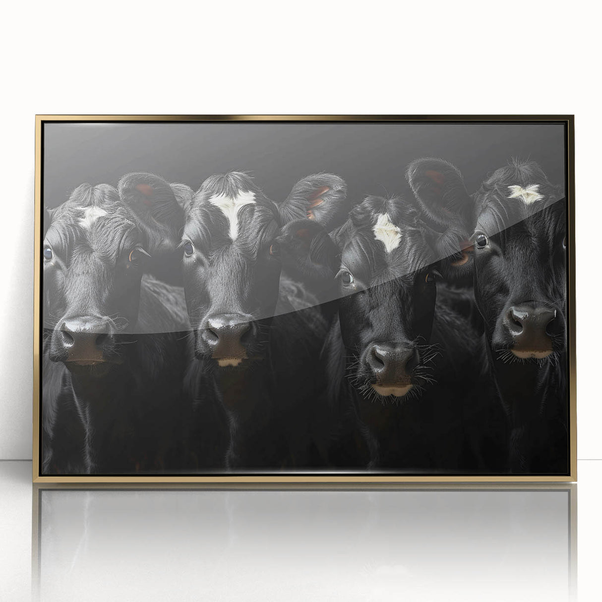 Framed wall art showcasing a vibrant cow design from the Animals A Wild Life collection, with gold accents and a clear acrylic front, perfect for modern decor.