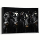 Framed canvas wall art featuring a black and white cow design, capturing intricate details and textures, perfect for animal lovers and rustic decor enthusiasts.